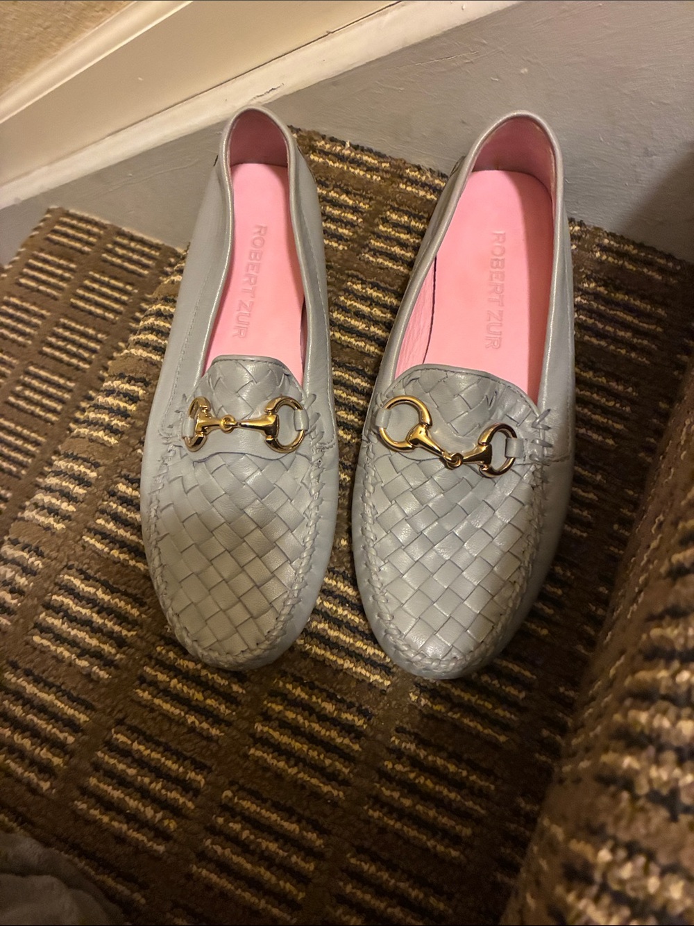 Robert Zur Woven Slate Grey Loafers with Pink Insole and Gold Hardware.